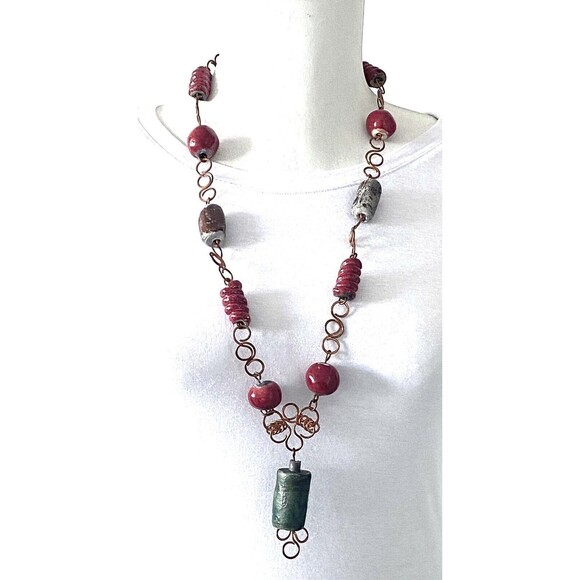 Vintage Rustic Tribal Western Oxidized Cooper Clay Beads Necklace 17" Handcraft - Picture 7 of 11